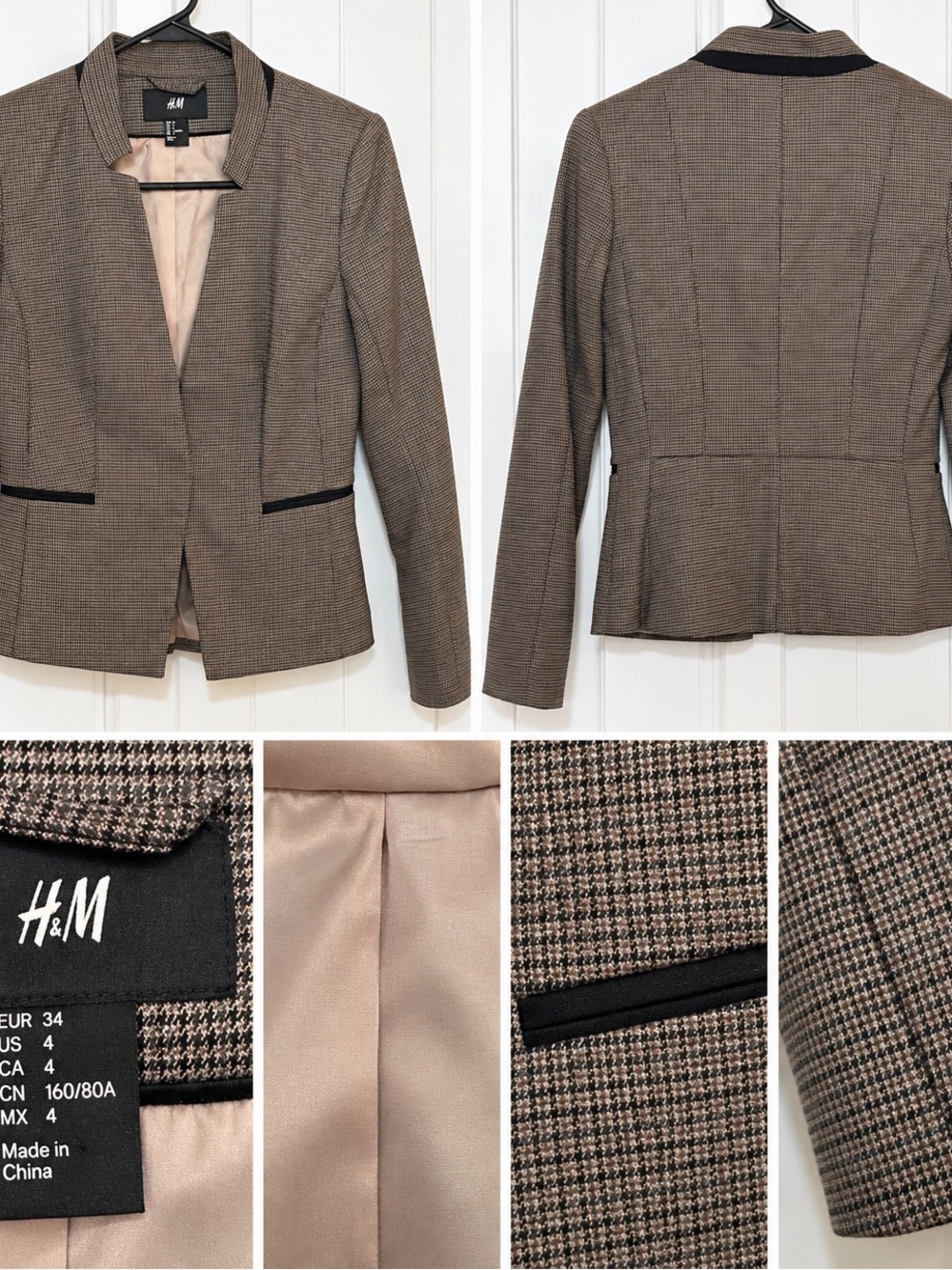 H&M Brown Houndstooth Blazer with Black Trim